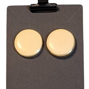 Vintage Gold Tone Round Enamel Stud Earrings Cream Pierced Minimalist 0.87”